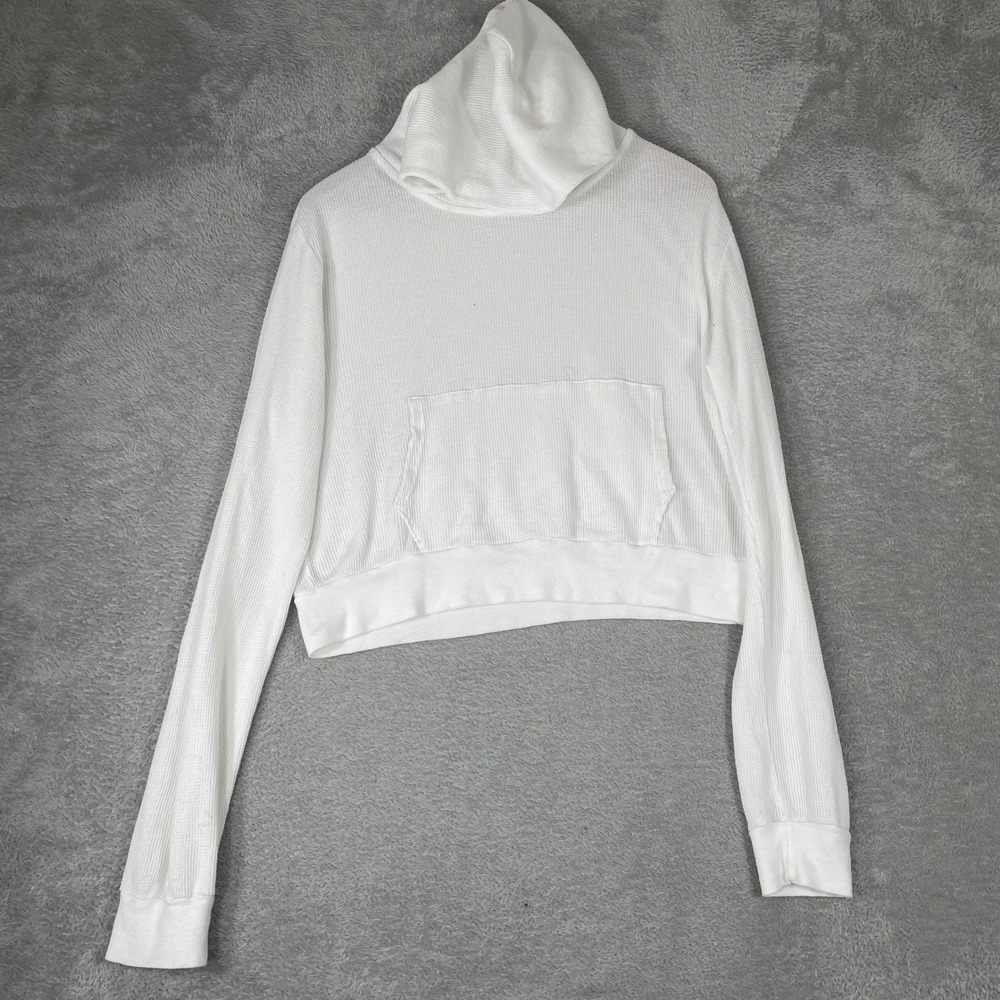 Brandy‎ Melville Hoodie Womens One Size White Waffle Knit Thermal Cropped